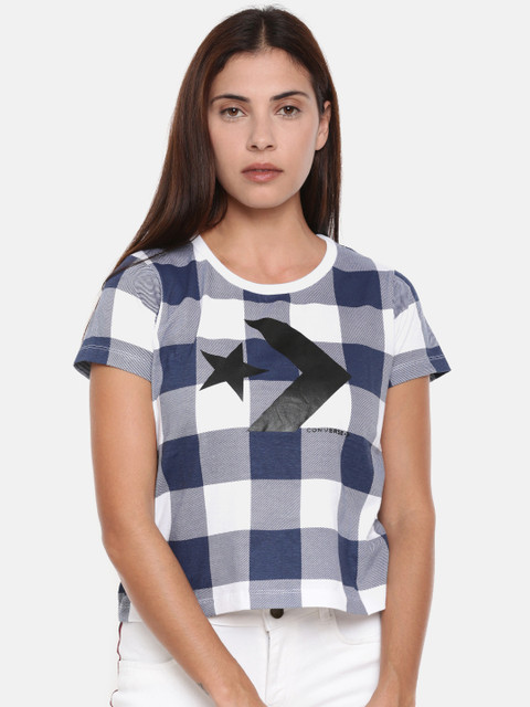 

Converse Women Navy White Checked Round Neck Crop Pure Cotton T-shirt, Navy blue