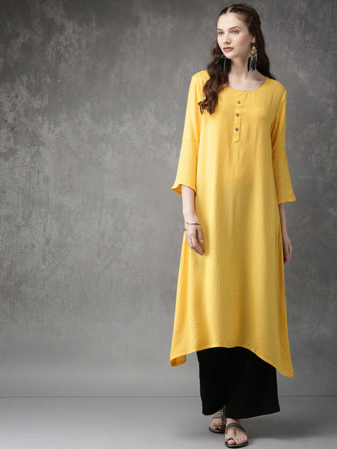 

Anouk Women Yellow Striped Asymmetric A-line Kurta
