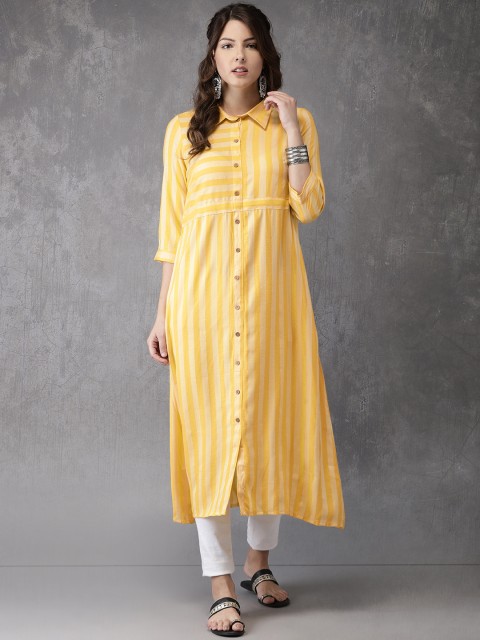 

Anouk Women Yellow Striped Straight Kurta