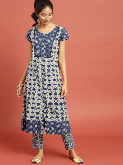 

Taavi Women Blue Indigo Hand Block Print A-Line Sustainable Kurta with Lace Inserts and Gathers