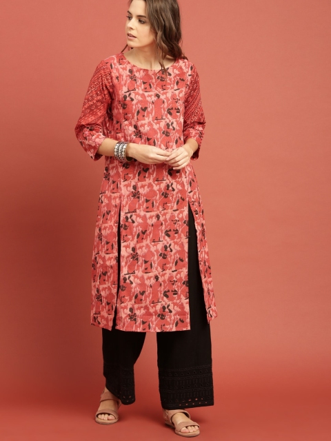 

Taavi Women Red & Black Block Print Legacy Straight Sustainable Kurta with Front Slits