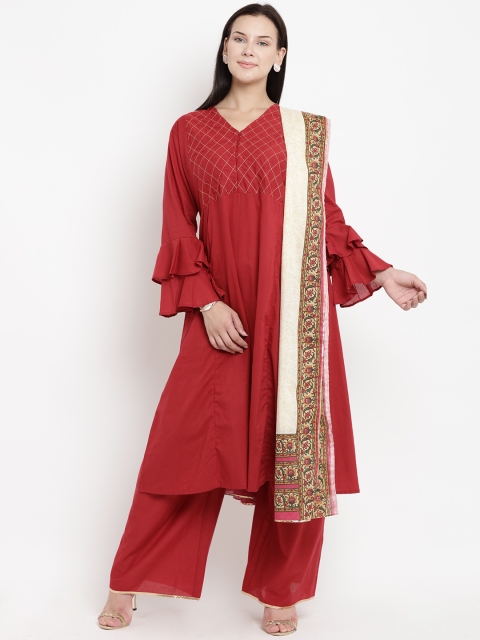

Love More Women Red & Yoke Design Kurta with Palazzos & Dupatta