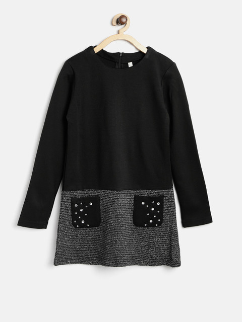 

Losan Girls Black & Charcoal Grey Colourblocked A-Line Dress