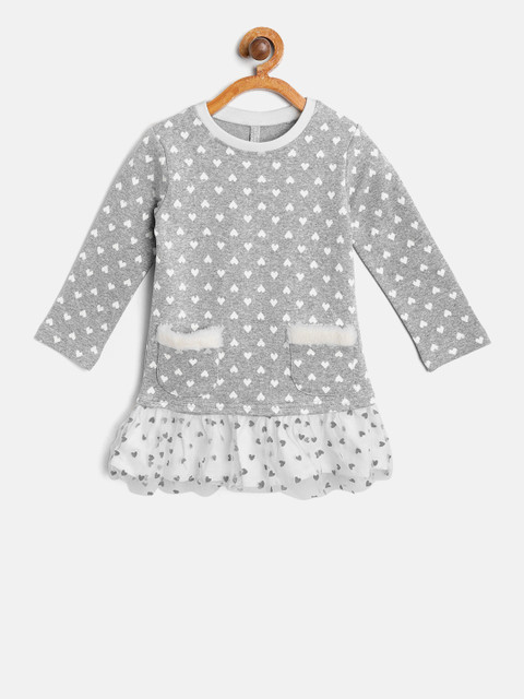 

Losan Girls Grey Melange Self Design Drop-Waist Dress