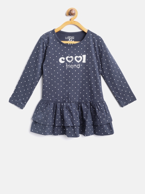 

Losan Girls Navy & Silver Polka Dot Print Drop-Waist Dress, Navy blue
