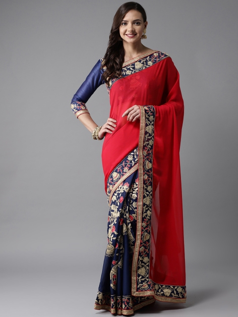 

MANOHARI Pink & Navy Blue Embroidered Saree