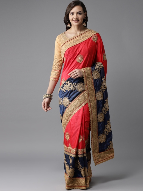 

MANOHARI Red & Navy Blue Embroidered Saree