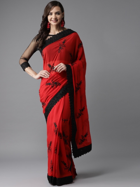 

MANOHARI Red & Navy Blue Embroidered Saree