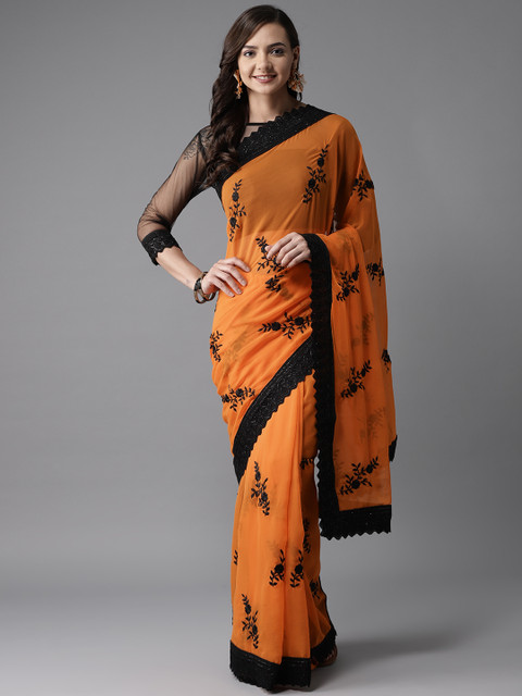 

MANOHARI Orange & Black Embroidered Saree