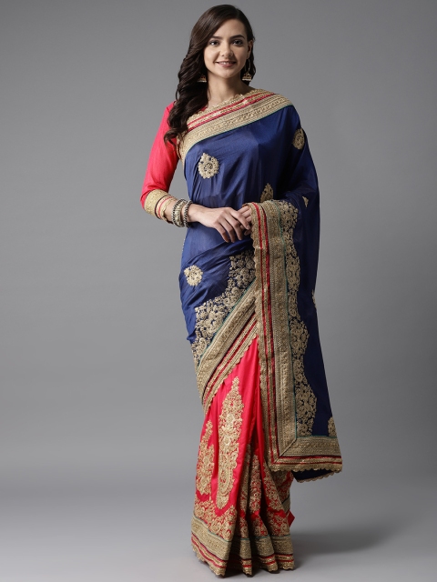 

MANOHARI Blue & Pink Half and Half Embroidered Saree