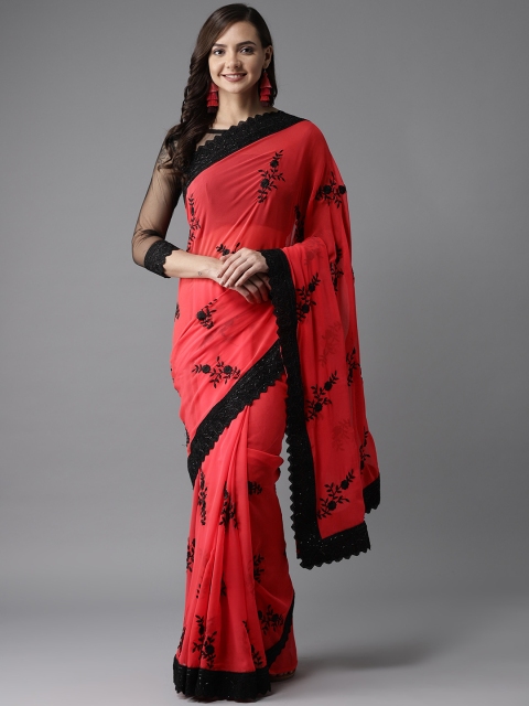 

MANOHARI Coral Pink & Black Embroidered Saree