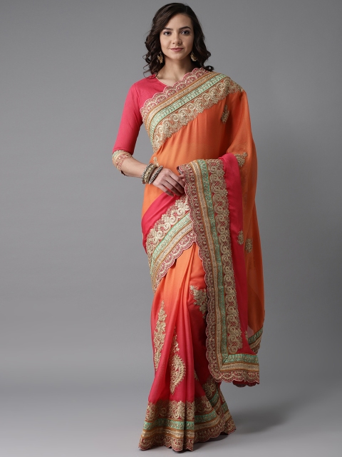 

MANOHARI Coral Pink & Orange Embroidered Saree