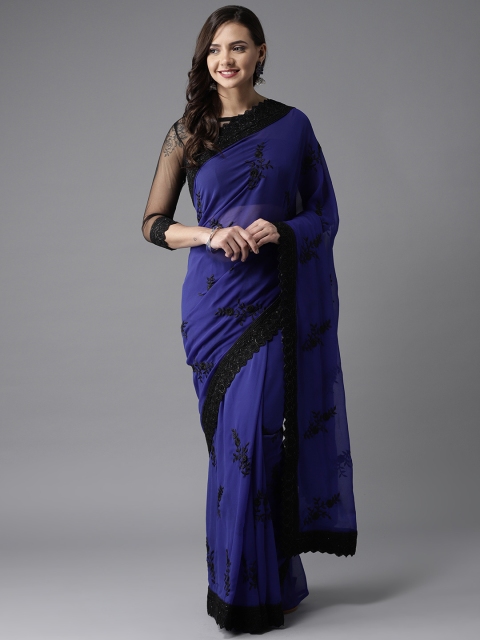 

MANOHARI Blue & Black Pure Georgette Embroidered Saree