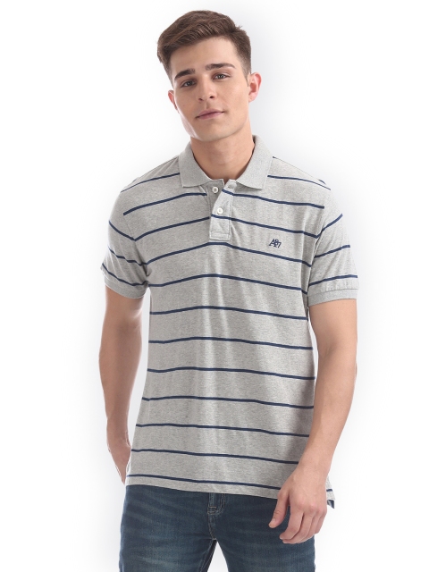 

Aeropostale Men Grey Striped Polo Collar Pure Cotton T-shirt