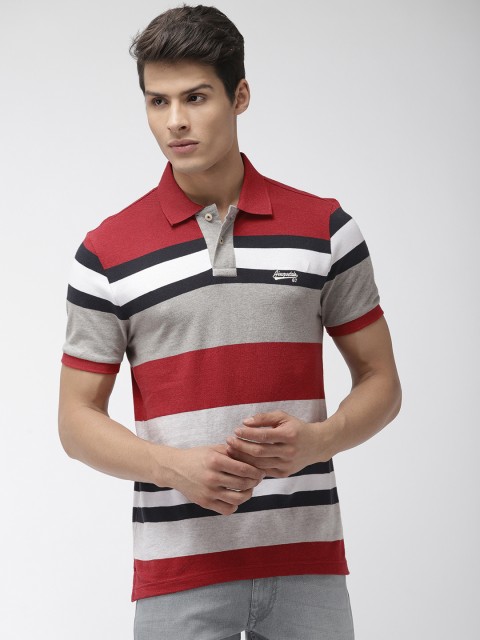 

Aeropostale Men Red Grey Melange Striped Polo Collar Pure Cotton T-shirt