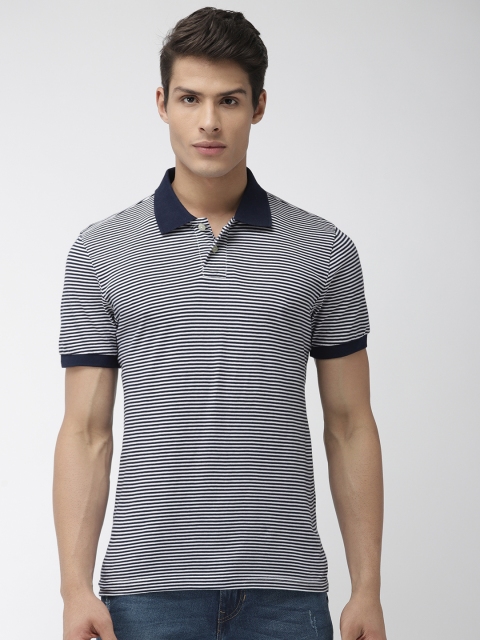 

Aeropostale Men White Navy Blue Striped Polo Collar Pure Cotton T-shirt