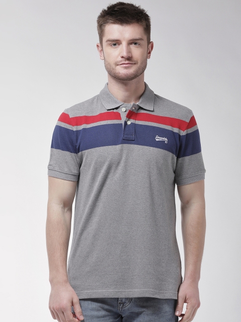 

Aeropostale Men Grey Striped Polo Collar Pure Cotton T-shirt