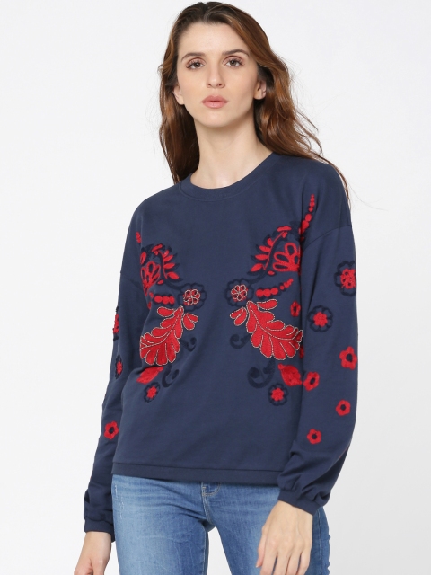 

ONLY Women Navy Blue Solid Round Neck Embroidered T-shirt