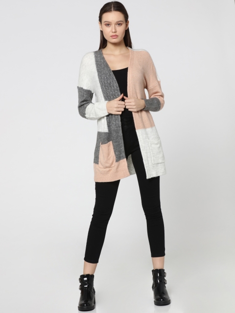 

ONLY Womne White & Peach-Coloured Colourblocked Front-Open Sweater