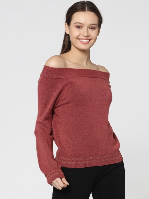 

ONLY Women Rust Pink Solid Off-Shoulder Pullover