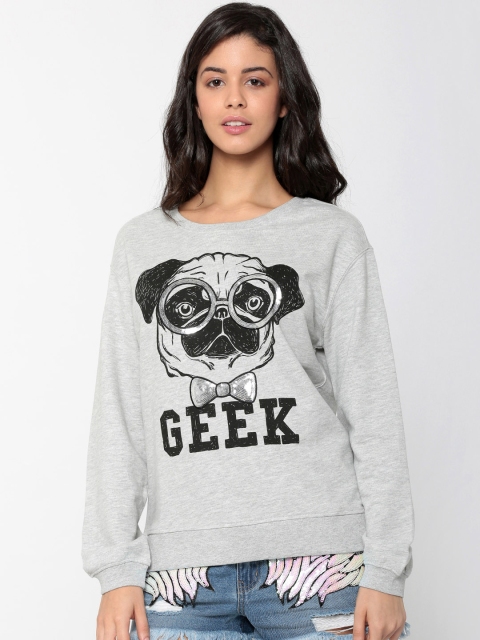 

ONLY Women Grey Melange Printed Pullover Sweatshirt