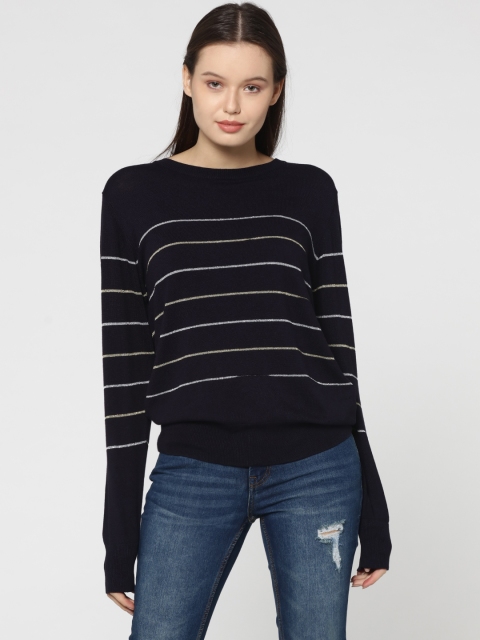 

ONLY Women Navy Blue Striped Pullover Sweater