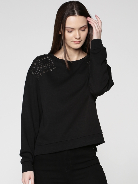

ONLY Women Black Solid Sweatshirt with Embellished Detail