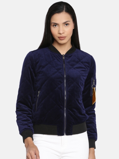 

ONLY Women Blue Solid Velvet Quilted Jacket