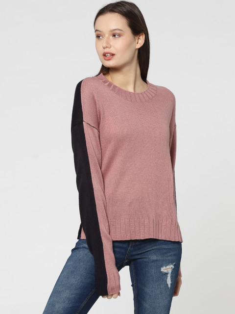 

ONLY Women Pink & Navy Blue Solid Pullover