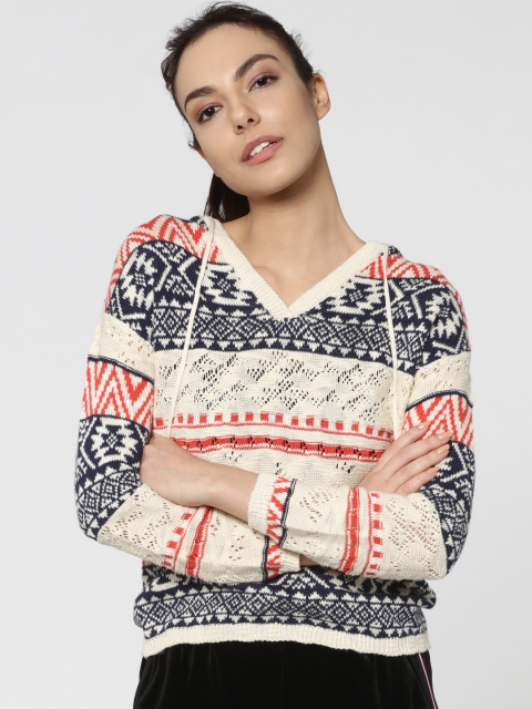 

ONLY Cream-Coloured Self-Design Hooded Pullover Sweater