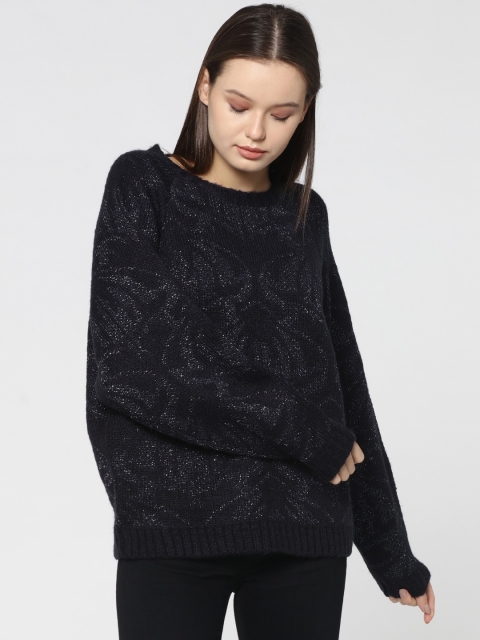 

ONLY Navy Blue Self-Design Pullover Sweater