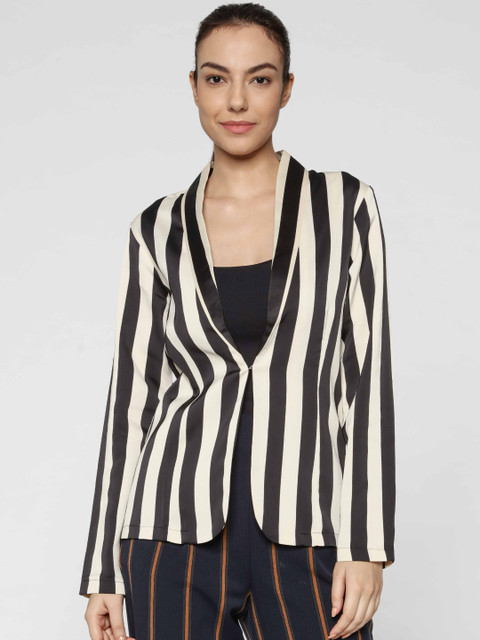 

ONLY Women Black & Cream-Coloured Striped Regular Fit Casual Blazer