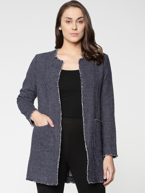 

ONLY Women Navy Blue Self-Design Open-Front Overcoat