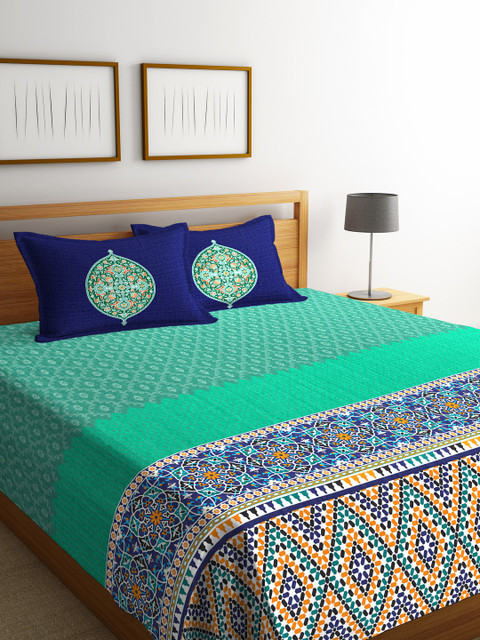 

Portico New York Sea Green and Blue Printed Flat Double Cotton Bedsheet with Pillow Covers
