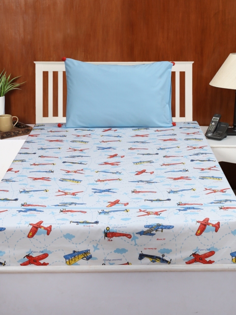 

House This White & Blue Conversational Flat 180 TC Cotton 1 Single Bedsheet with 1 Pillow Covers