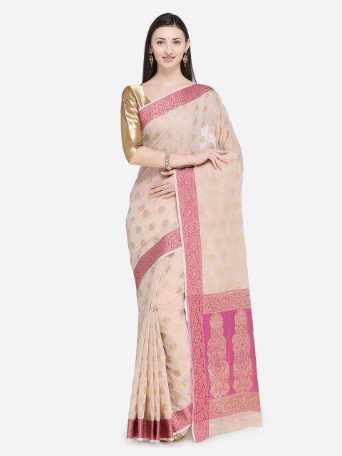 

Saree Swarg Cream-Coloured & Pink Printed Banarasi Saree