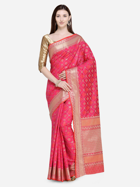 

Saree Swarg Pink Silk Blend Woven Design Banarasi Saree