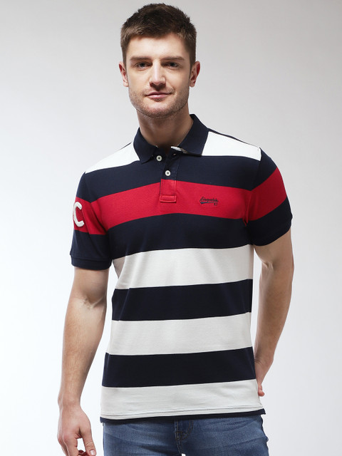 

Aeropostale Men Navy Blue & White Striped Polo Collar T-shirt