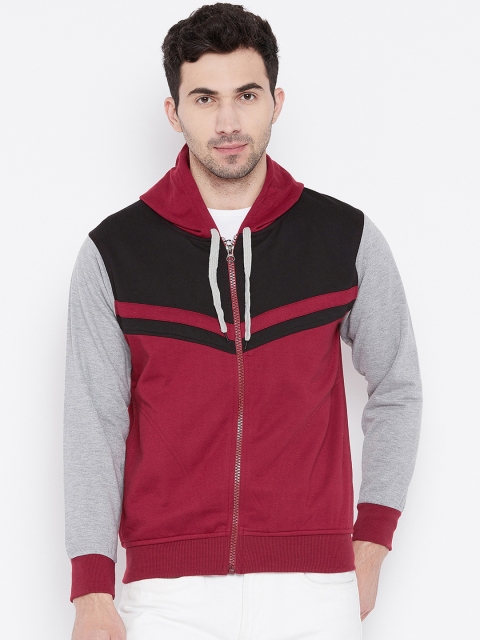 

VIMAL JONNEY Men Maroon & Black Colourblocked Hooded Sweatshirt