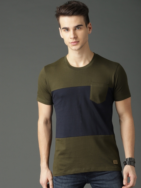

Roadster Men Olive Green Colourblocked T-shirt