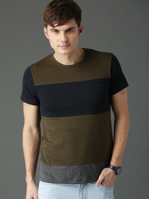 

Roadster Men Olive Green Colourblocked Round Neck T-shirt