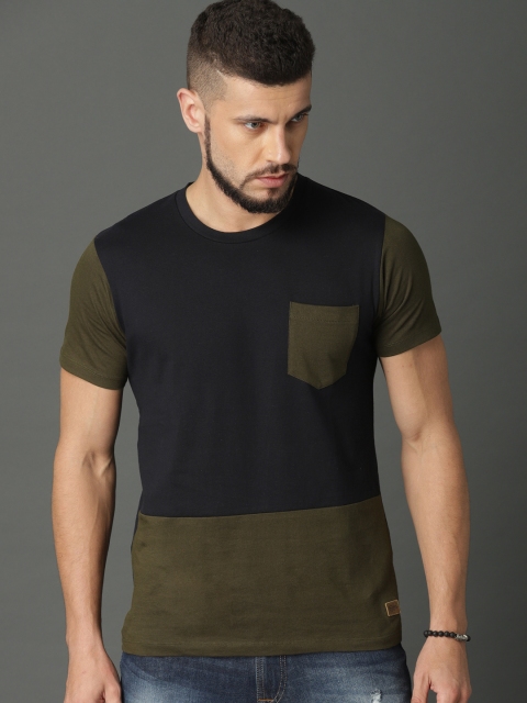 

Roadster Men Olive Green Colourblocked Round Neck Pure Cotton T-shirt