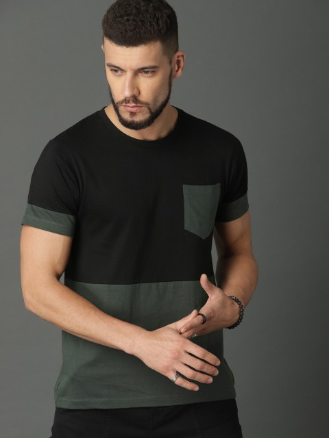 

Roadster Men Black Green Colourblocked Round Neck Pure Cotton T-shirt