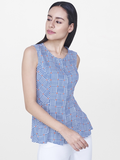 

AND Women Blue & White Printed A-Line Top
