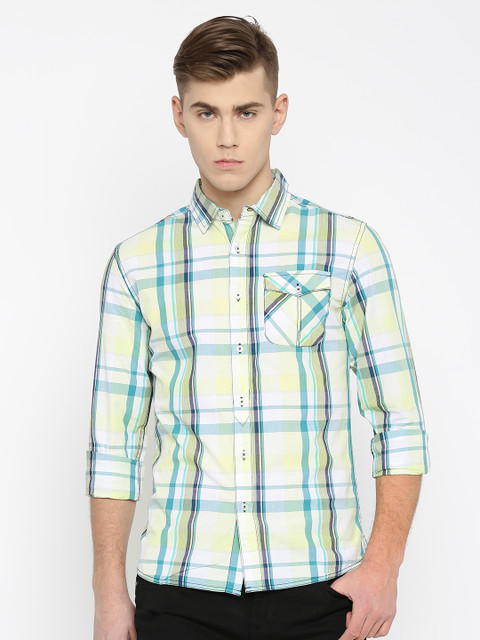 

People Men Blue & Green Slim Fit Checked Casual Shirt