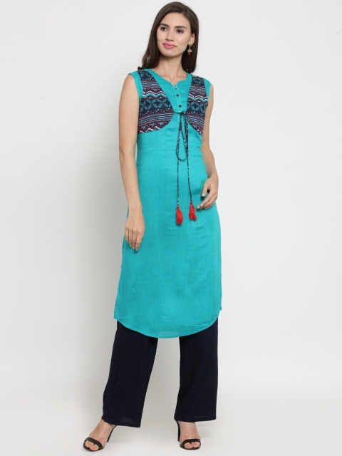 

Laabha Women Turquoise Blue Printed Straight Kurta