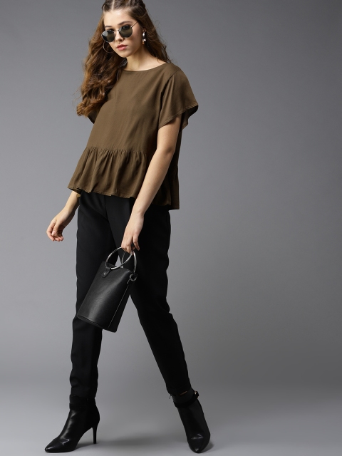 

HERE&NOW Women Olive Green Solid A-Line Top