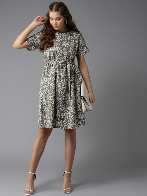 

HERE&NOW Women Olive Green & White Printed A-Line Dress