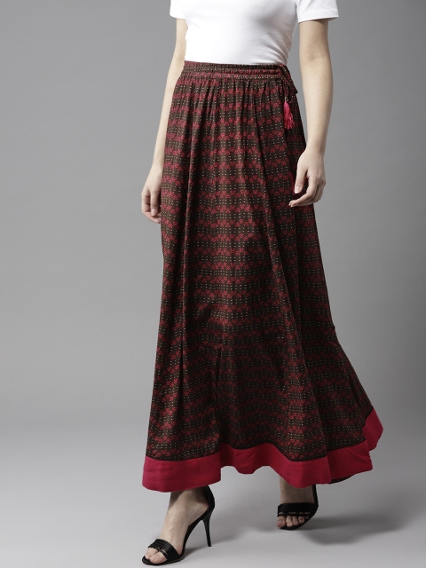 

HERE&NOW Women Coffee Brown & Magenta Printed Maxi Flared Skirt