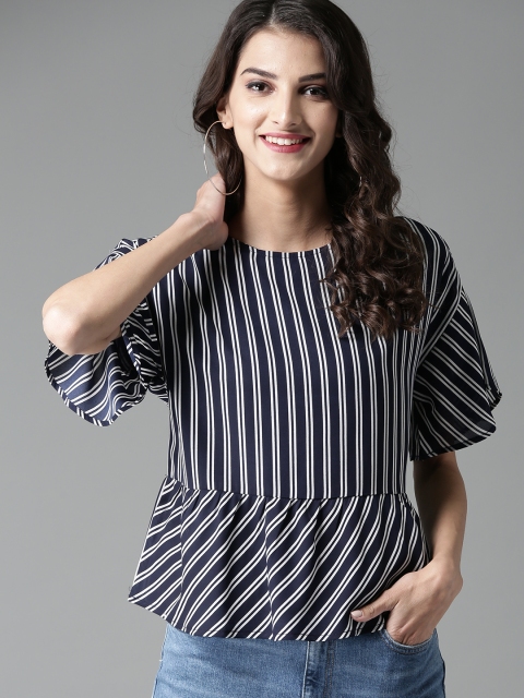 

HERE&NOW Women Navy Blue & White Striped A-Line Top